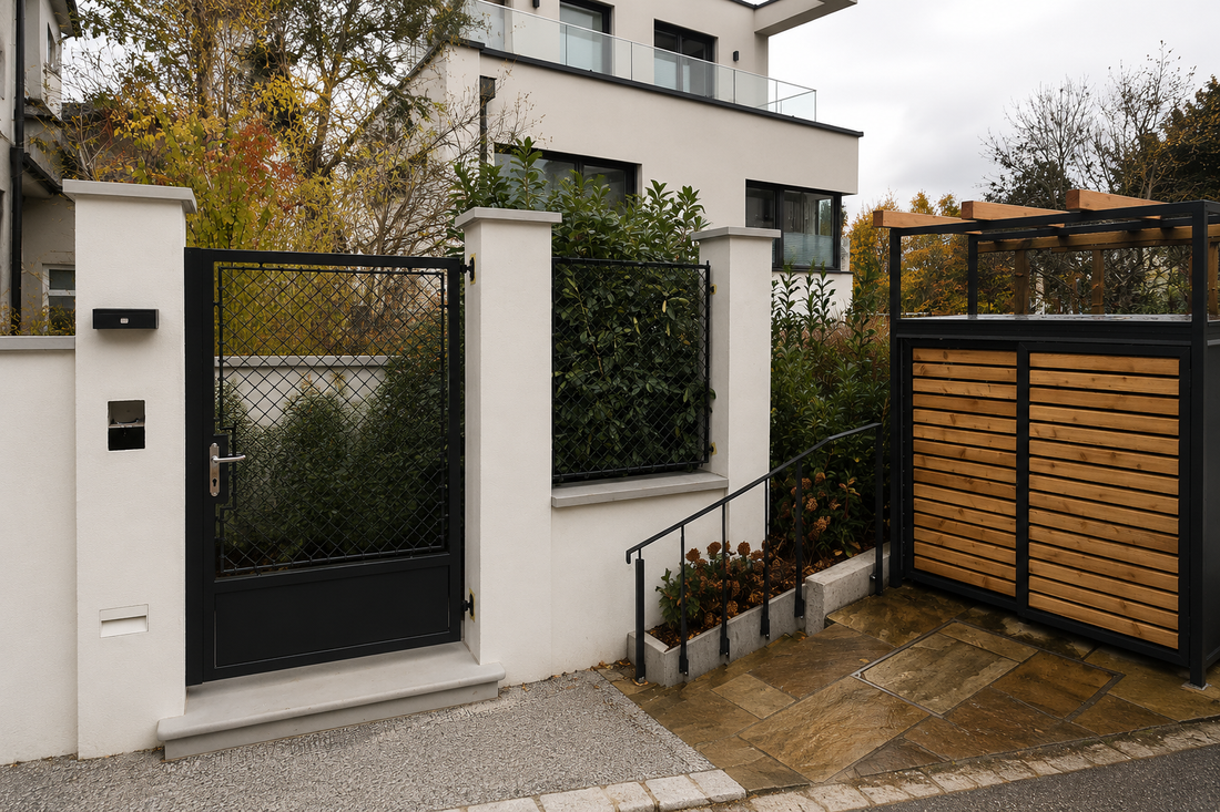 Modernes Gartentor und maßgefertigte Müllplatz-Einhausung aus Metall als individuelle Außenanlage von Metallwerk
