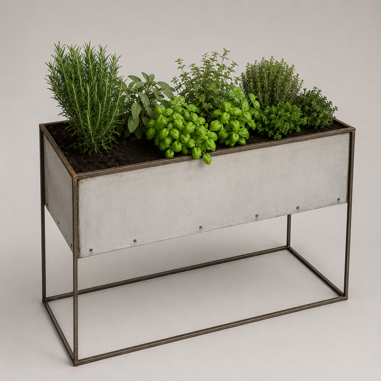 Handgefertigtes Hochbeet aus Stahl mit Kräutern auf filigranem Metallgestell von metallwerk